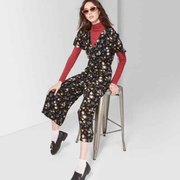 NEW Black Multicolored Floral Cropped Jumpsuit - Picture 2 of 8